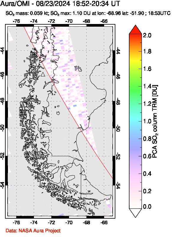 A sulfur dioxide image over Southern Chile on Aug 23, 2024.