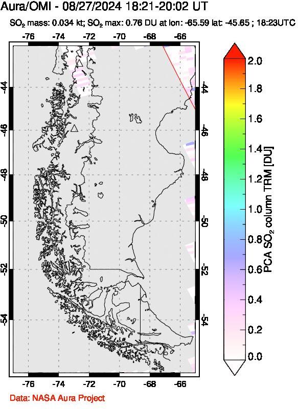 A sulfur dioxide image over Southern Chile on Aug 27, 2024.