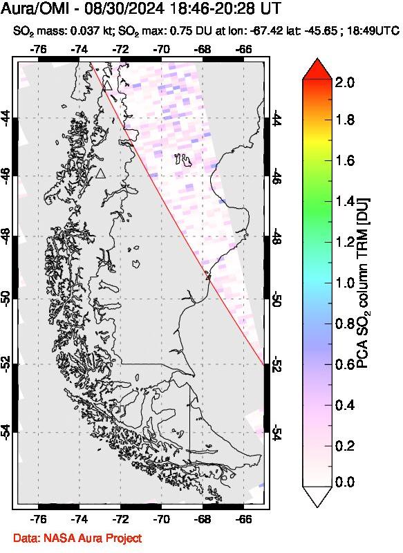 A sulfur dioxide image over Southern Chile on Aug 30, 2024.