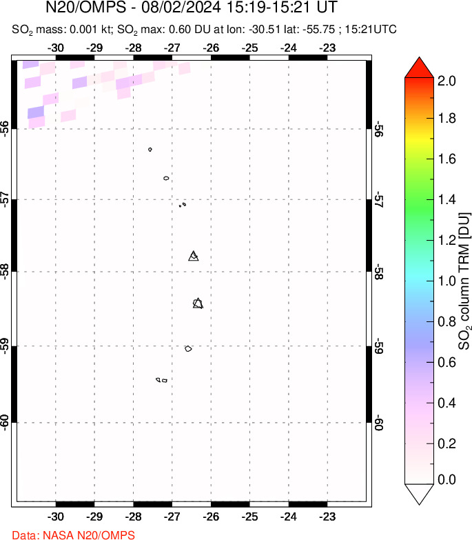 A sulfur dioxide image over South Sandwich Islands, South Atlantic on Aug 02, 2024.