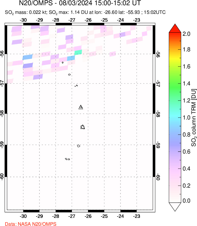 A sulfur dioxide image over South Sandwich Islands, South Atlantic on Aug 03, 2024.