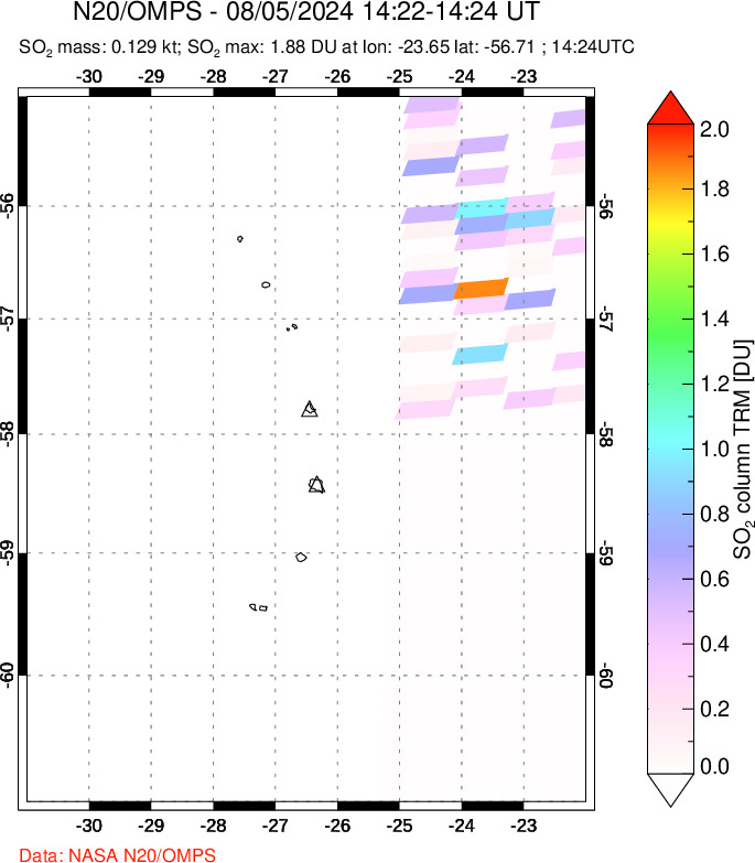 A sulfur dioxide image over South Sandwich Islands, South Atlantic on Aug 05, 2024.