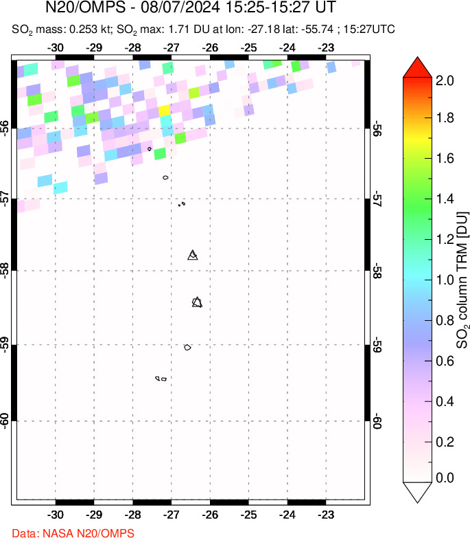 A sulfur dioxide image over South Sandwich Islands, South Atlantic on Aug 07, 2024.