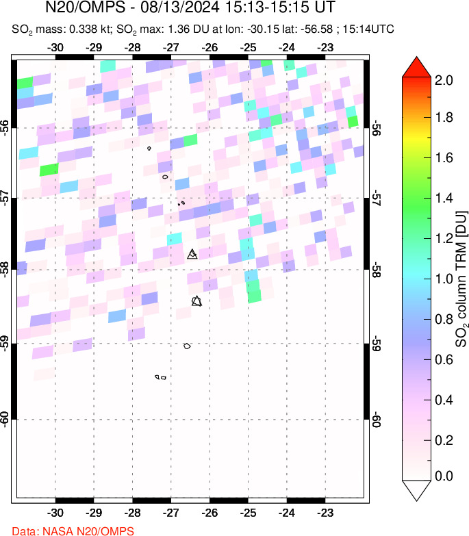 A sulfur dioxide image over South Sandwich Islands, South Atlantic on Aug 13, 2024.