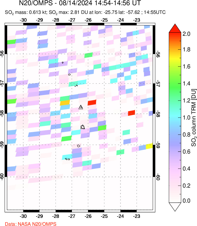 A sulfur dioxide image over South Sandwich Islands, South Atlantic on Aug 14, 2024.