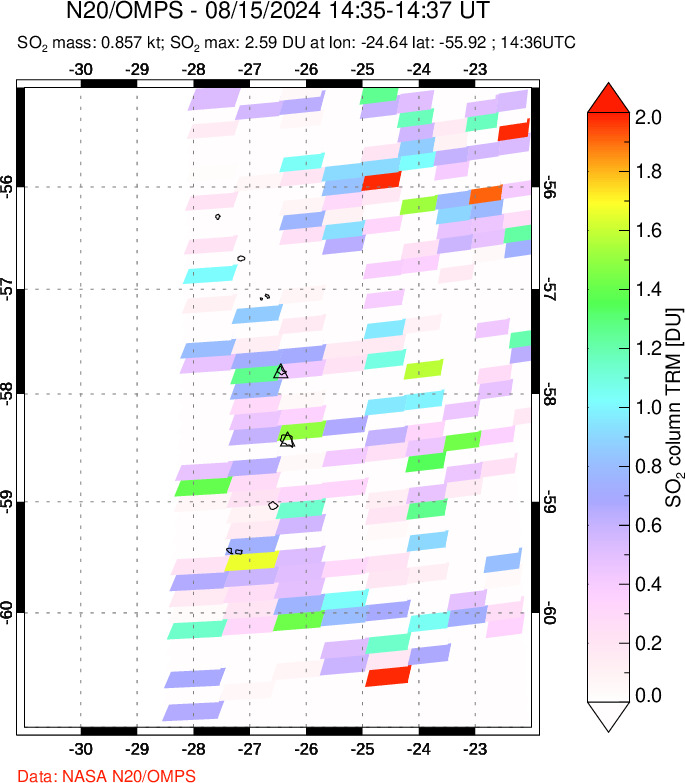 A sulfur dioxide image over South Sandwich Islands, South Atlantic on Aug 15, 2024.