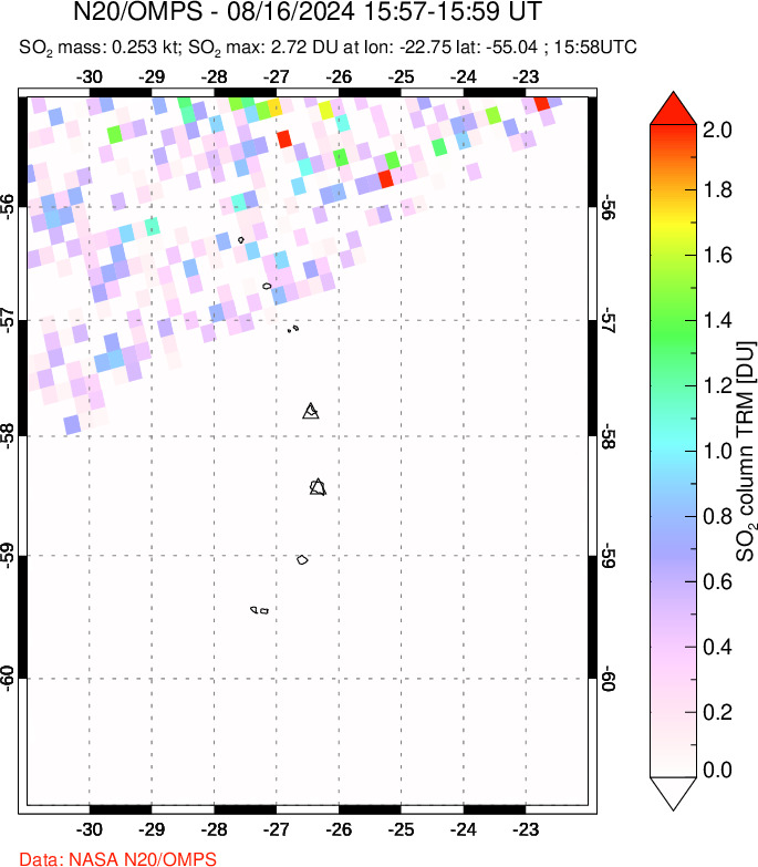 A sulfur dioxide image over South Sandwich Islands, South Atlantic on Aug 16, 2024.