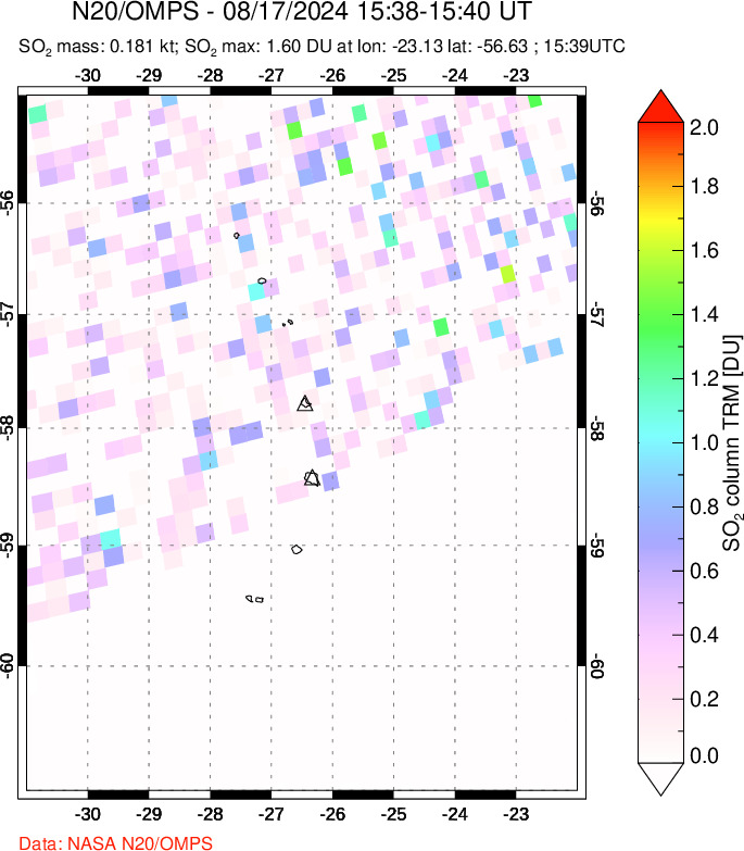 A sulfur dioxide image over South Sandwich Islands, South Atlantic on Aug 17, 2024.