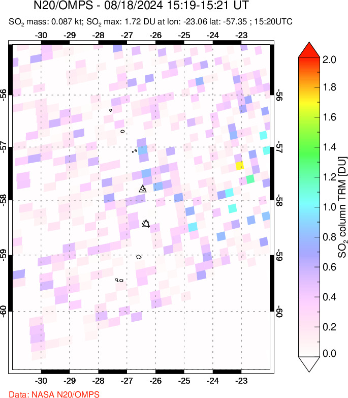 A sulfur dioxide image over South Sandwich Islands, South Atlantic on Aug 18, 2024.