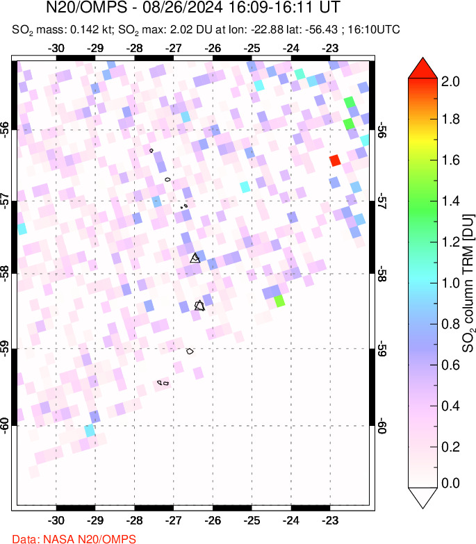 A sulfur dioxide image over South Sandwich Islands, South Atlantic on Aug 26, 2024.