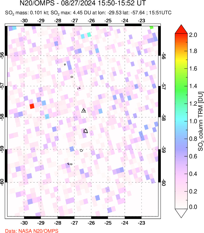 A sulfur dioxide image over South Sandwich Islands, South Atlantic on Aug 27, 2024.