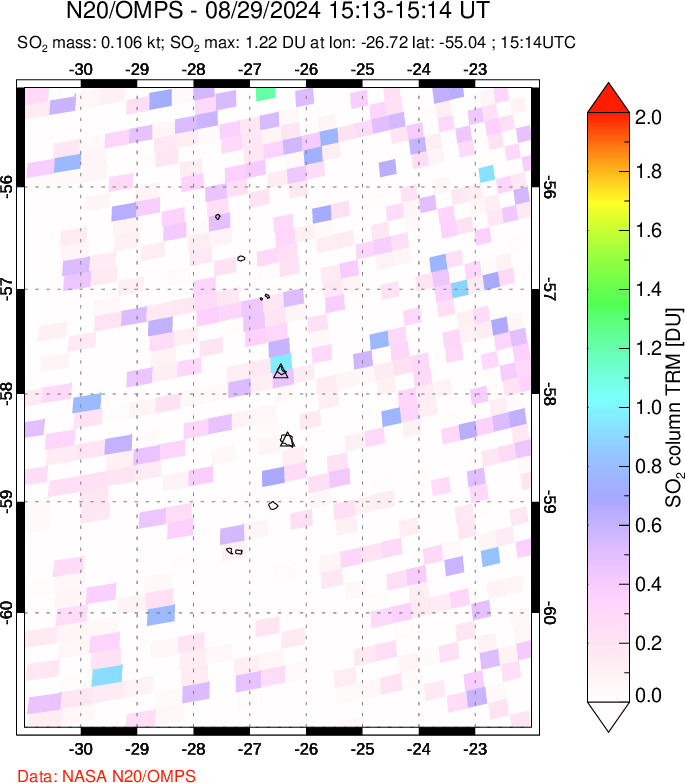 A sulfur dioxide image over South Sandwich Islands, South Atlantic on Aug 29, 2024.