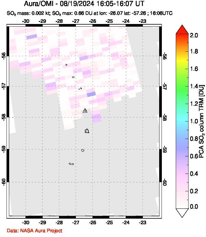 A sulfur dioxide image over South Sandwich Islands, South Atlantic on Aug 19, 2024.