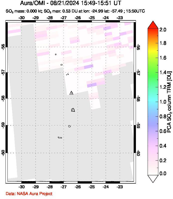 A sulfur dioxide image over South Sandwich Islands, South Atlantic on Aug 21, 2024.