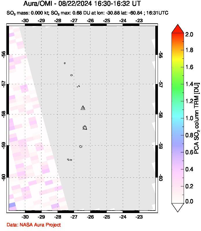 A sulfur dioxide image over South Sandwich Islands, South Atlantic on Aug 22, 2024.