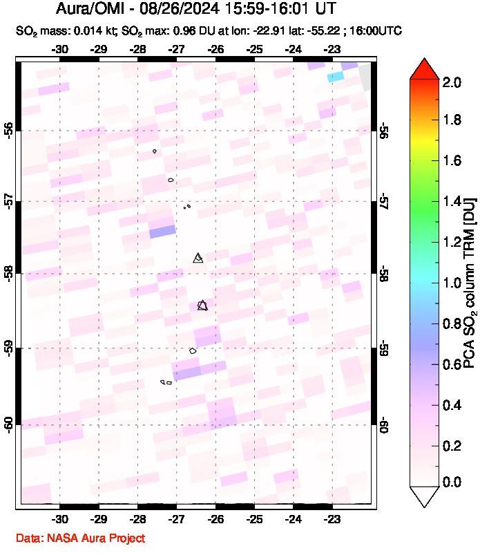 A sulfur dioxide image over South Sandwich Islands, South Atlantic on Aug 26, 2024.