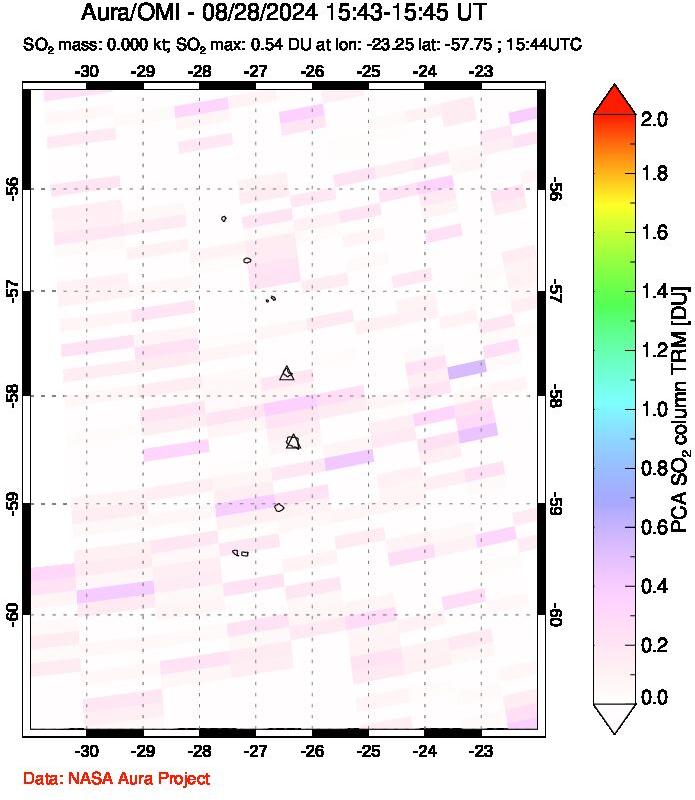 A sulfur dioxide image over South Sandwich Islands, South Atlantic on Aug 28, 2024.