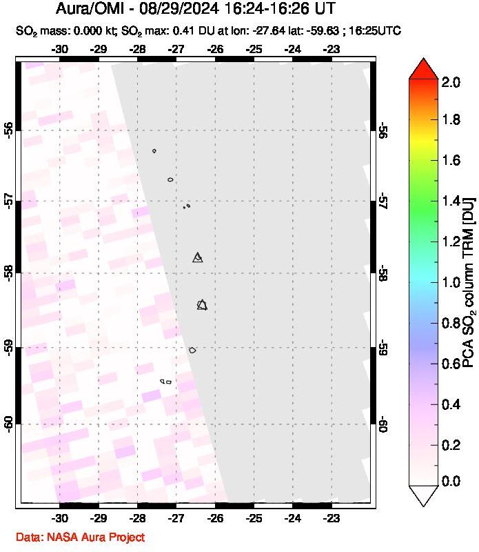 A sulfur dioxide image over South Sandwich Islands, South Atlantic on Aug 29, 2024.