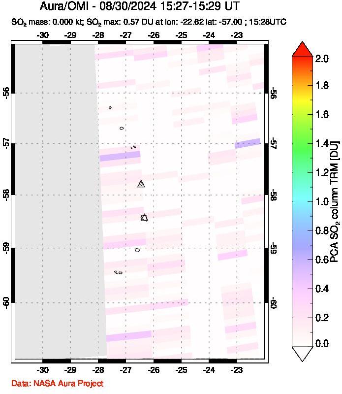 A sulfur dioxide image over South Sandwich Islands, South Atlantic on Aug 30, 2024.