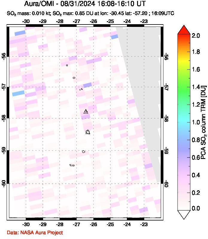 A sulfur dioxide image over South Sandwich Islands, South Atlantic on Aug 31, 2024.