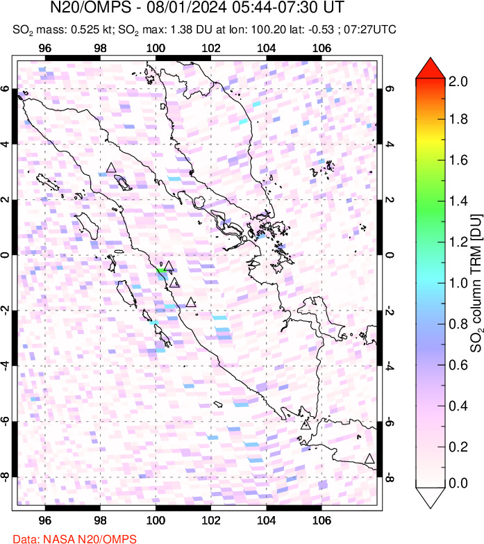 A sulfur dioxide image over Sumatra, Indonesia on Aug 01, 2024.