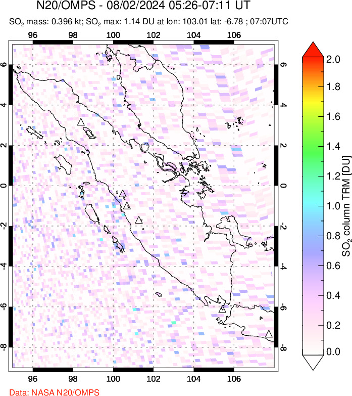 A sulfur dioxide image over Sumatra, Indonesia on Aug 02, 2024.