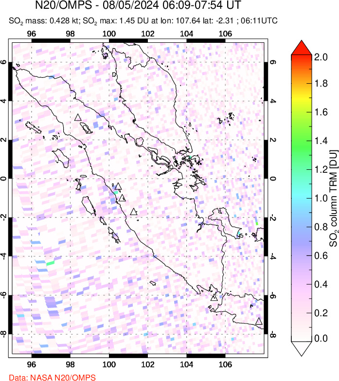 A sulfur dioxide image over Sumatra, Indonesia on Aug 05, 2024.