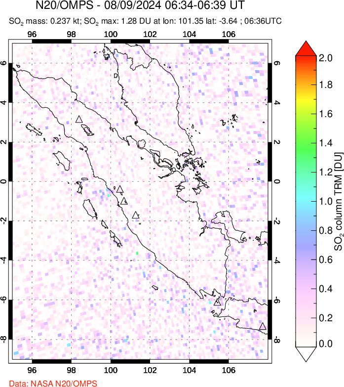 A sulfur dioxide image over Sumatra, Indonesia on Aug 09, 2024.