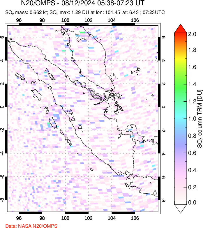 A sulfur dioxide image over Sumatra, Indonesia on Aug 12, 2024.