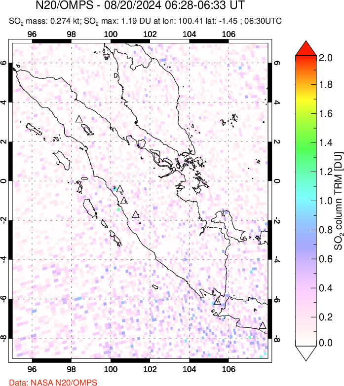 A sulfur dioxide image over Sumatra, Indonesia on Aug 20, 2024.