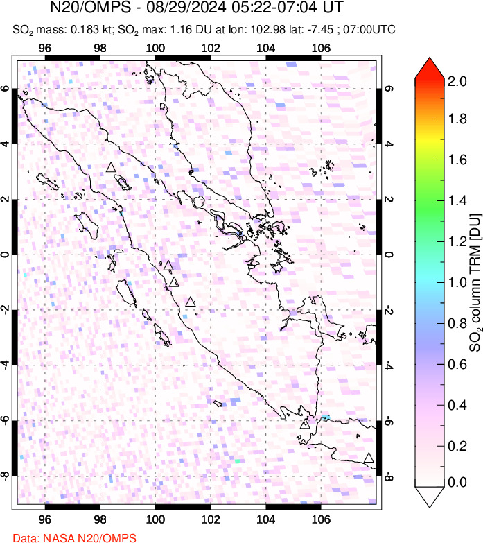 A sulfur dioxide image over Sumatra, Indonesia on Aug 29, 2024.