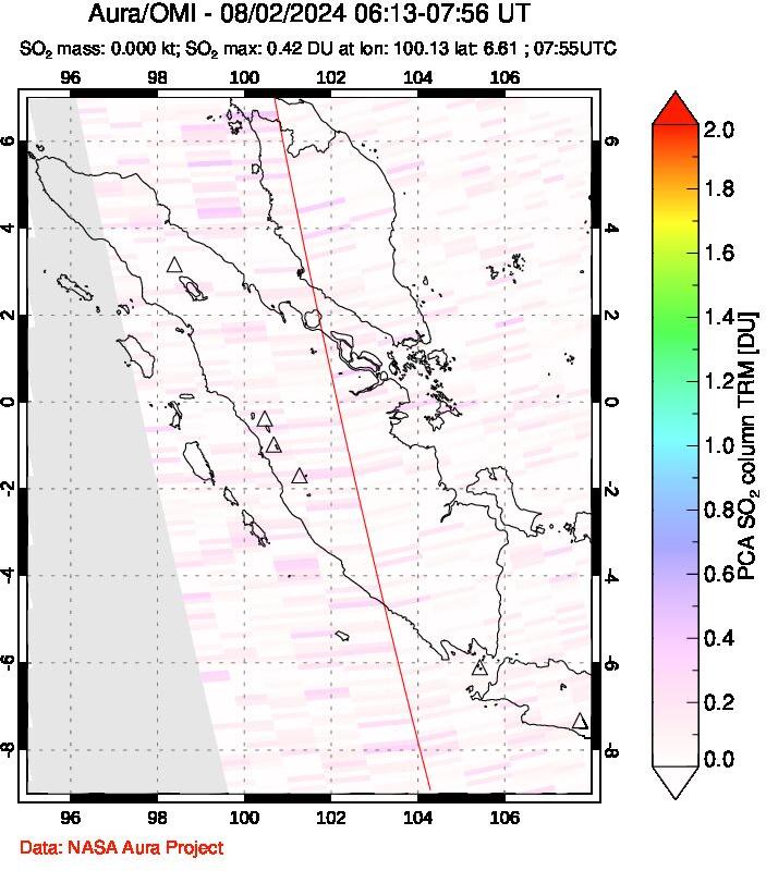 A sulfur dioxide image over Sumatra, Indonesia on Aug 02, 2024.