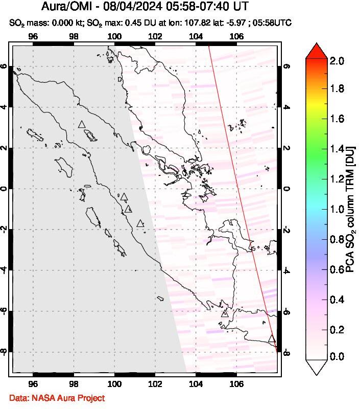 A sulfur dioxide image over Sumatra, Indonesia on Aug 04, 2024.