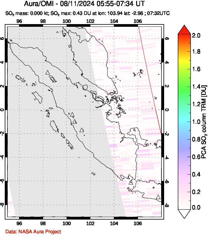 A sulfur dioxide image over Sumatra, Indonesia on Aug 11, 2024.