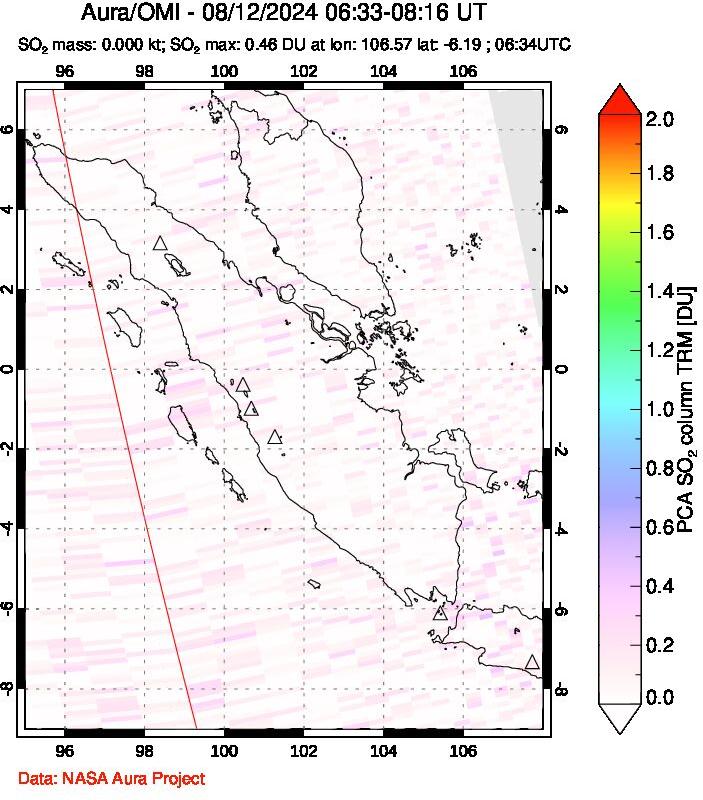 A sulfur dioxide image over Sumatra, Indonesia on Aug 12, 2024.