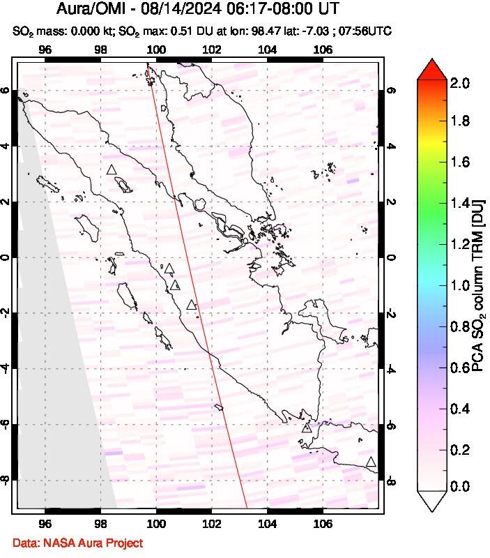 A sulfur dioxide image over Sumatra, Indonesia on Aug 14, 2024.