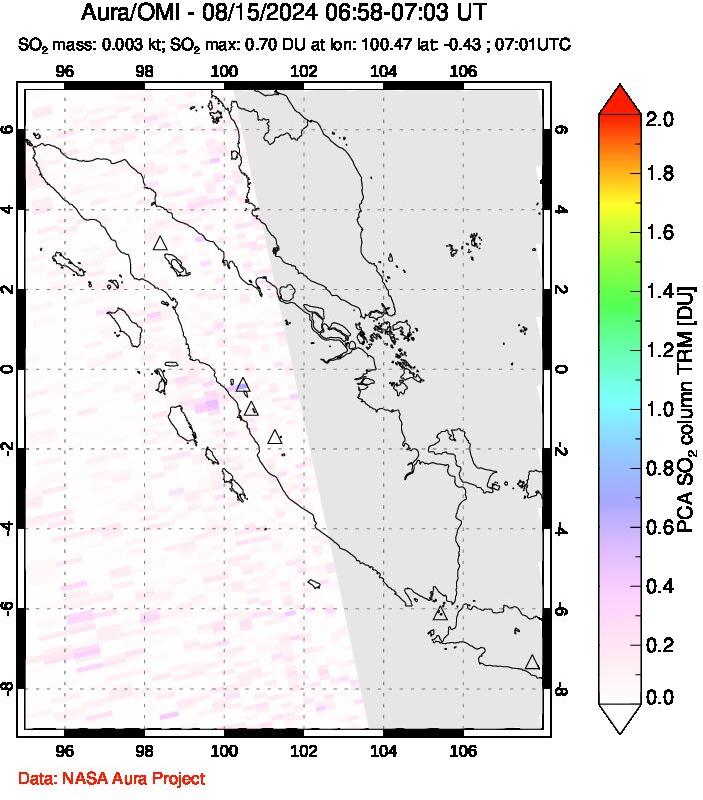 A sulfur dioxide image over Sumatra, Indonesia on Aug 15, 2024.