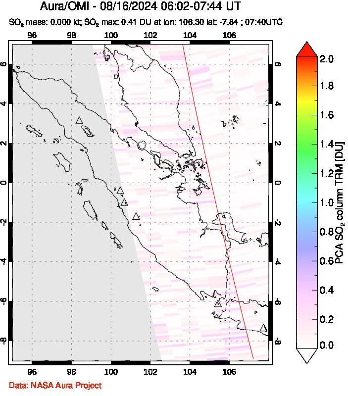 A sulfur dioxide image over Sumatra, Indonesia on Aug 16, 2024.