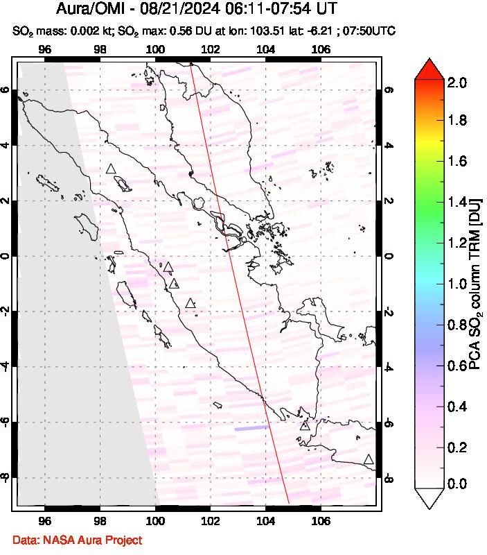 A sulfur dioxide image over Sumatra, Indonesia on Aug 21, 2024.