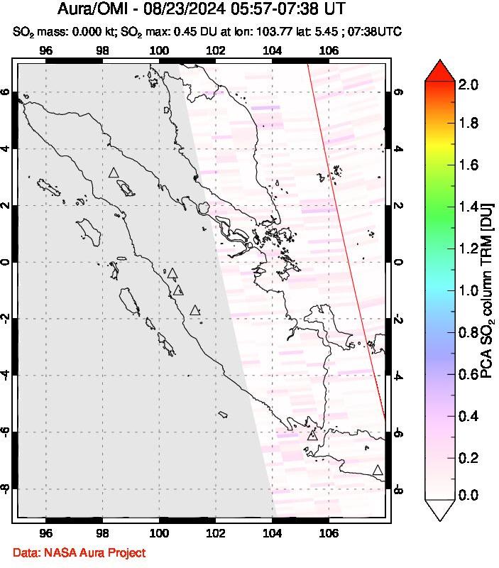 A sulfur dioxide image over Sumatra, Indonesia on Aug 23, 2024.