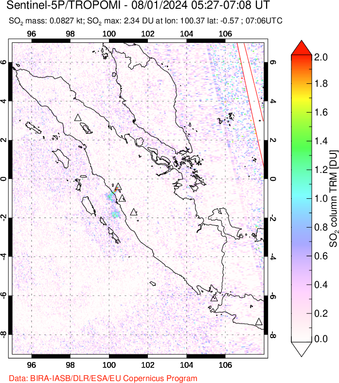 A sulfur dioxide image over Sumatra, Indonesia on Aug 01, 2024.