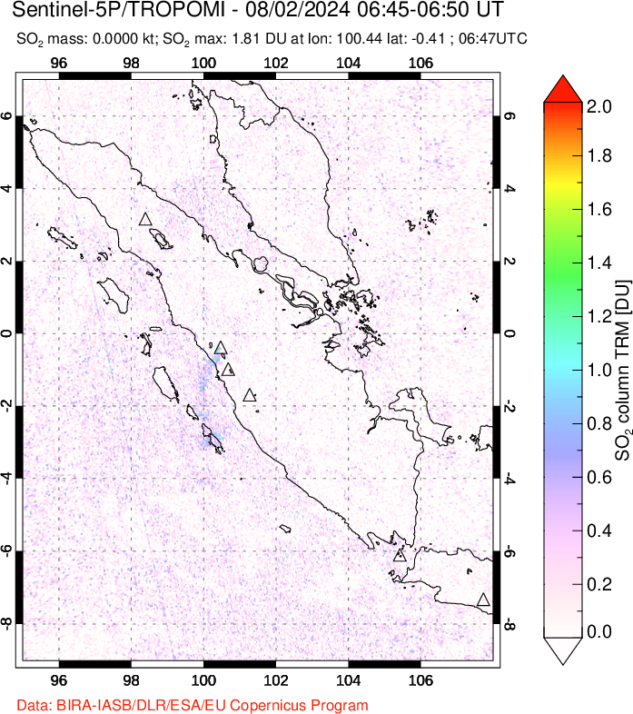 A sulfur dioxide image over Sumatra, Indonesia on Aug 02, 2024.