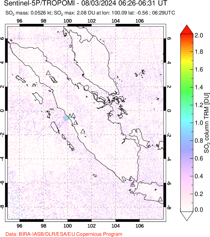 A sulfur dioxide image over Sumatra, Indonesia on Aug 03, 2024.