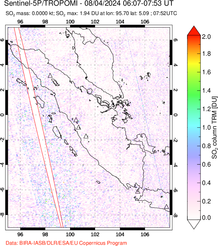 A sulfur dioxide image over Sumatra, Indonesia on Aug 04, 2024.