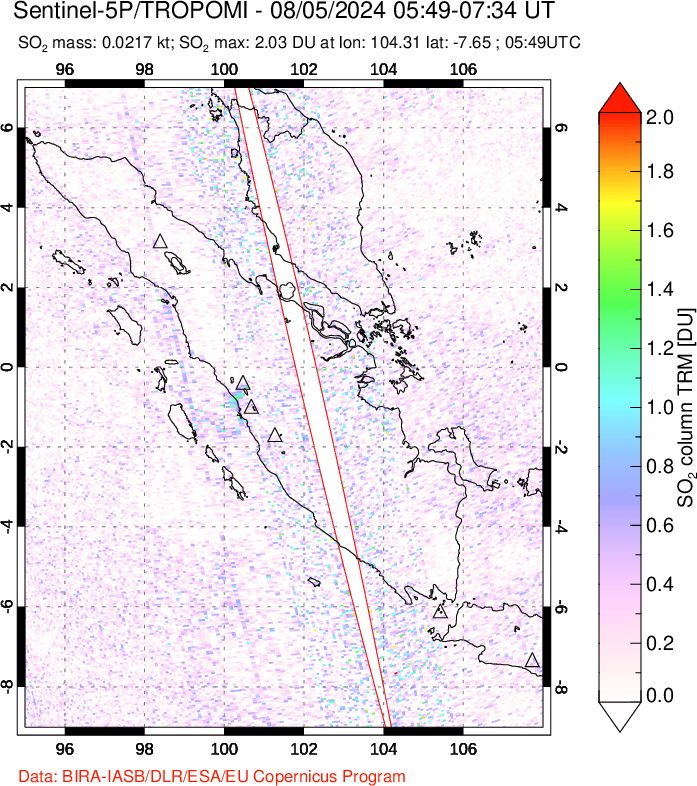 A sulfur dioxide image over Sumatra, Indonesia on Aug 05, 2024.