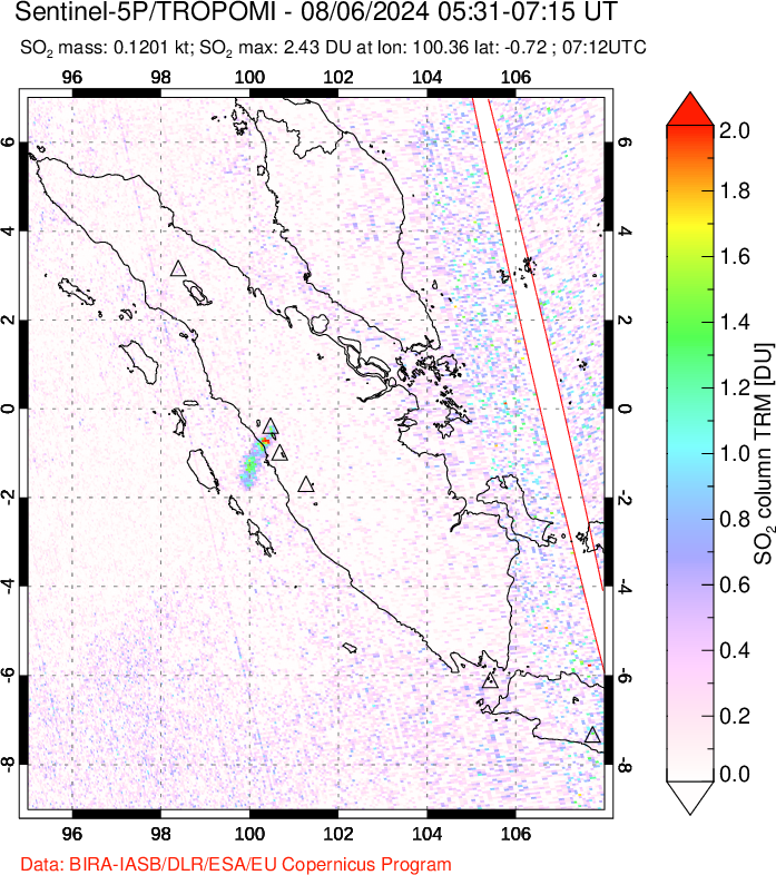 A sulfur dioxide image over Sumatra, Indonesia on Aug 06, 2024.