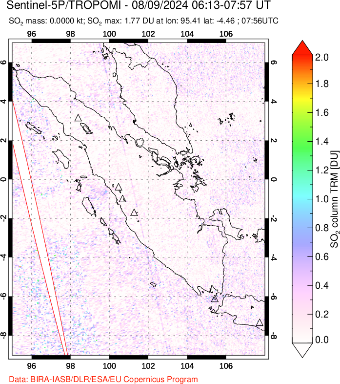 A sulfur dioxide image over Sumatra, Indonesia on Aug 09, 2024.