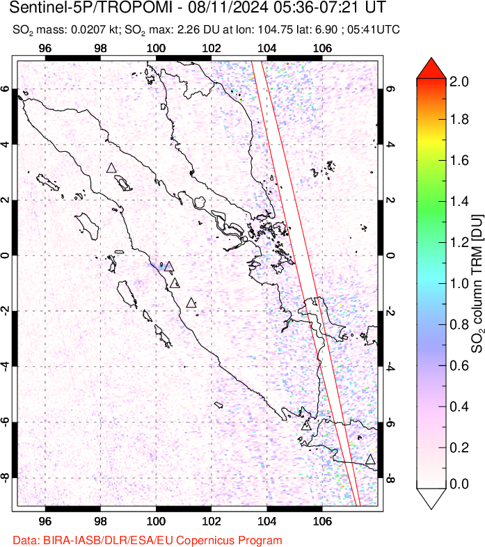 A sulfur dioxide image over Sumatra, Indonesia on Aug 11, 2024.