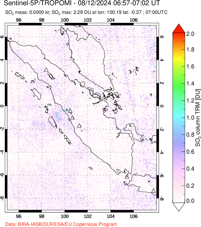 A sulfur dioxide image over Sumatra, Indonesia on Aug 12, 2024.