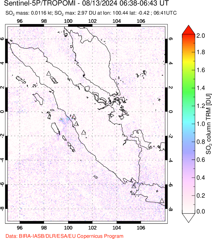 A sulfur dioxide image over Sumatra, Indonesia on Aug 13, 2024.